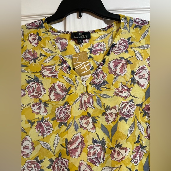 Suzanne Betro Yellow Floral Sheer Balloon Sleeve V-Neck Blouse NWT Size S - Picture 5 of 9